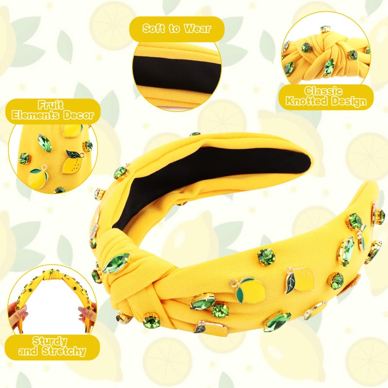 Hapdoo Yellow Lemon Rhinestone Jeweled Knotted Headbands for Women Girls, Fashion Cute Fruit Hair Accessories Gift for Girls - Image 3